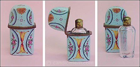 Figure 3: Bilston enamel case (2 1/2" tall) with brass fittings. Bottle (2" tall) of cut lead crystal with gilded brass top over a ground glass stopper. c. 1760
