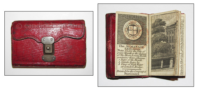London Almanack 1826 - 1 1/8" x 2 1/4" - Red leather wallet-style with steel latching mechanism, green leather interior, and an inside pocket. Includes a four-page engraving of "View of Richmond Terrace, Whitehall."London Almanack 1826 - 1 1/8" x 2 1/4" - Red leather wallet-style with steel latching mechanism, green leather interior, and an inside pocket. Includes a four-page engraving of "View of Richmond Terrace, Whitehall."