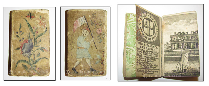 London Almanack 1756 - 1 1/8" x 2 1/4" - Hand-painted silk covers, the front showing flowers and an insect, the reverse showing a Chinese figure carrying a flag. Hand-painted end papers. Includes a four-page engraving of "Greenwich Hospital." London Almanack 1756 - 1 1/8" x 2 1/4" - Hand-painted silk covers, the front showing flowers and an insect, the reverse showing a Chinese figure carrying a flag. Hand-painted end papers. Includes a four-page engraving of "Greenwich Hospital."