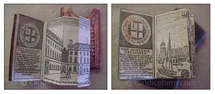 Figure 5: London Almanacks.Left:1771. Tooled red leather slipcase with gilt decoration. Includes a fold-out engraving of St. Bartholomew's Hospital. 1 1/8" x 2 1/4"Right: 1752. Shagreen slipcase lined in marbleized paper. Almanack cover in blue moiré silk. Hand-painted end-papers. Includes a four-page engraving of "The Archbishop of Canterbury's Palace at Lambeth." 1 1/8" x 2 1/4"