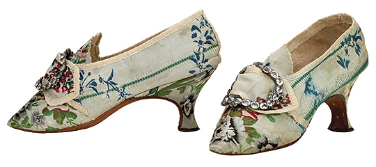 Figure 1: Lady's silk brocade shoes with paste buckles. c1760 (Bata Shoe Museum)
